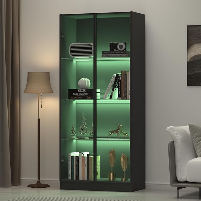 Display Cabinet with LED Lights - Set of 2, Glass Display Case with 3 Adjustable Shelves, Curio Cabinet with 2 Glass Doors, Storage for Collectibles, Living Room