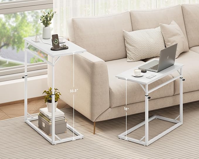 Vagusicc C Shaped End Table with Charging Station, C-Table End Table Adjustable Height Side Table for Couch, Large Couch Table, Slide Under Sofa Table TV Tray Arm Table for Living Room, Bedroom, White
