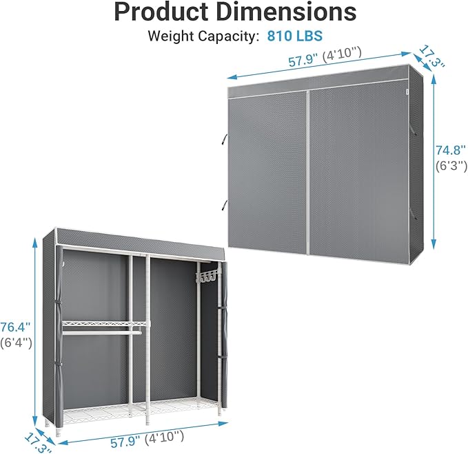 VIPEK V4C Heavy Duty Adjustable Clothing Rack, White Metal Closet Rack with Grey Cover, 57.9" L x 17.3" W x 76.4" H, 3 Hanging Rods & Side Hooks, Portable Closet