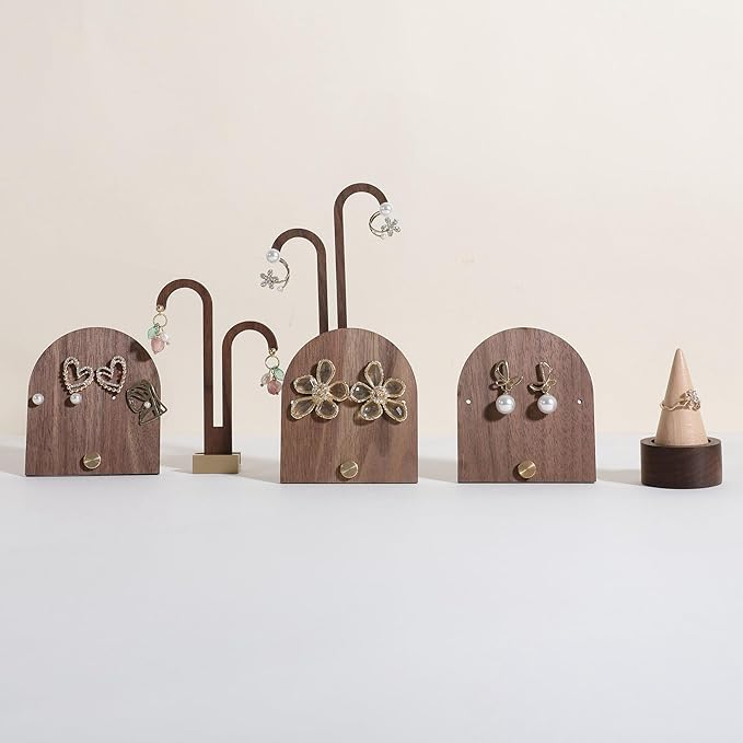 GemeShou 3pcs wooden jewelry earring organizer holder, walnut earring studs stand for boutique store, cute earring display for selling with 6 holes on each【Earring stand-Arch-3pcs】