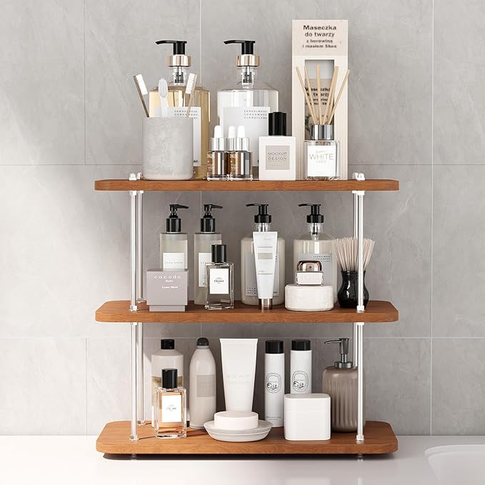 Bathroom Counter Organizer,Spices Organizer,Kitchen Countertop Organizers,Restroom Organizers,Shelf for Bathroom Counter,Cologne Stand,Adjustable Partition Height(Brown 3 Tier)