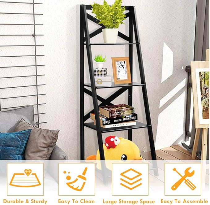 Tangkula 4-Tier Ladder Shelf Bookcase (Set of 2), Leaning Free Standing Wooden Frame Decor Bookshelf, Storage Flower Shelf, Plant Display Shelf for Home Office
