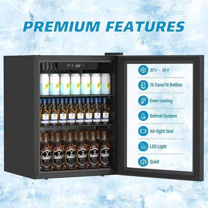 70 Can Freestanding Beverage Refrigerator, 1.6 Cu. Ft Drink Fridge with Quiet Compressor and Temperature Control, Small Refrigerator with Adjustable Shelves for Soda, Beer or Wine
