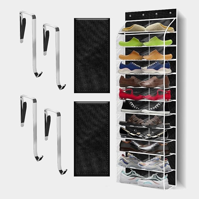 Over The Door Shoe Organizer with 12 Large Breathable Pockets - Heavy Duty Hanging Storage for Adult, Kids & Baby Shoes - Black