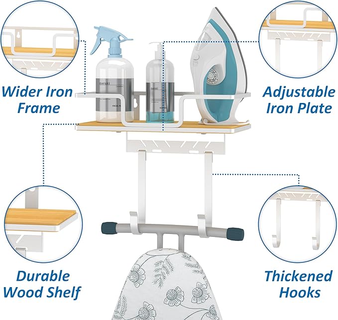 efluky Ironing Board Hanger with Removable Hooks, Ironing Board Holder Wall Mount for T/Y Legs, 12.59" L x 5.9" W x 2.36" H, White