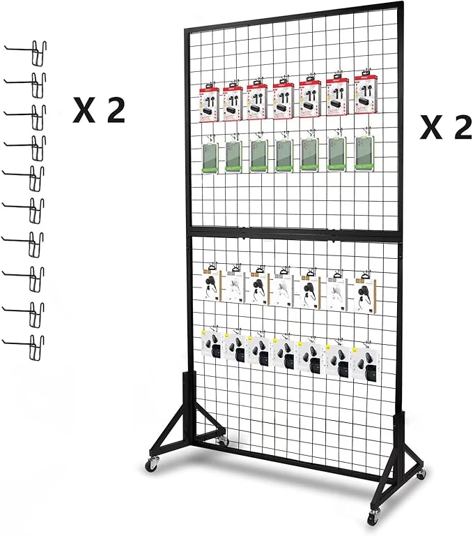Eastern Tree 2 Packs 3'X 6' Two Gridwall Panels Display Stand with Sturdy T-Base, Black Wire Grid Wall Panels for Craft Show Display Rack, Art Display Stand, Extra More 20 Hooks