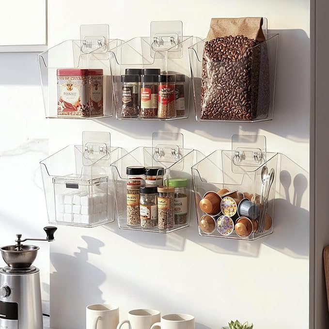 6 Pcs Clear Adhesive Wall Storage Bins, Small Cabinet Door Organizer Holders, Hanging Wall Mount Pockets, Plastic Cups for Shower Bathroom Makeup Office Craft Remote Kitchen Sink RV Organization