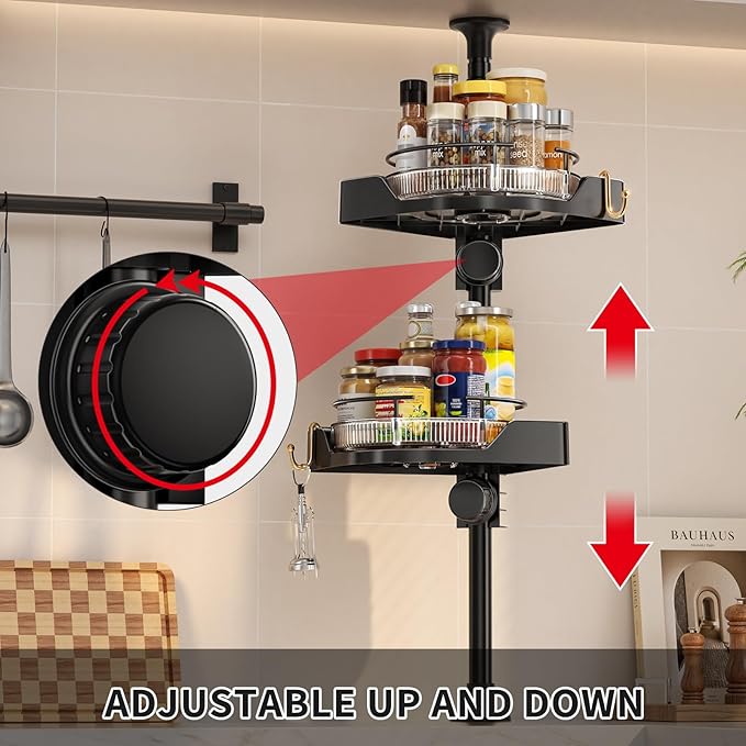 Standing Spice Rack Organizer, Counter Corner Double Tier Lazy Susan, Height Adjustable 360 Rotating Storage Rack with Hooks for Kitchen & Bathroom Corners (Black)