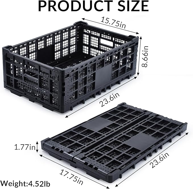 Collapsible Storage Crates, 52 Liter Heavy Duty Foldable Plastic Crates , Storage Baskets and Bins 23.6" L x 15.7" W x 8.6" H Stackable Dairy Milk Crates for Office, Home, Toy Storage