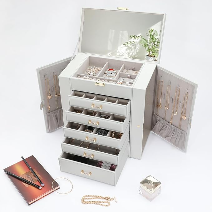 Large Jewelry Box, Jewelry Boxes for Women Large Jewelry Organizers and Storage, Jewelry Organizer for Rings Earrings Necklaces Glasses Bracelets Watches, Grey