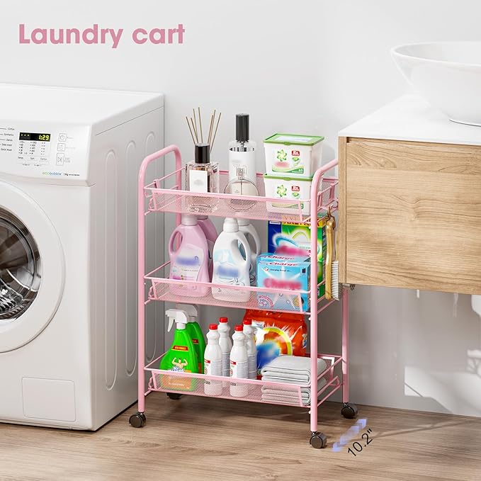 TOOLF 3 Tier Rolling Utility Cart - Durable Metal Design Pink Utility Cart, Storage Trolley on Wheels with 3 Hooks, Perfect for Kitchen, Bathroom & Laundry Room Organization