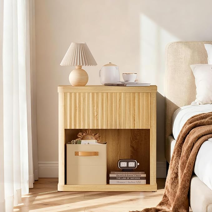 Fluted Nightstands Set of 2, Bedside Tables with Wave Pattern Drawer, Open Shelf & Rounded Corners, Modern Wood End Table for Small Space, Bedroom Decor