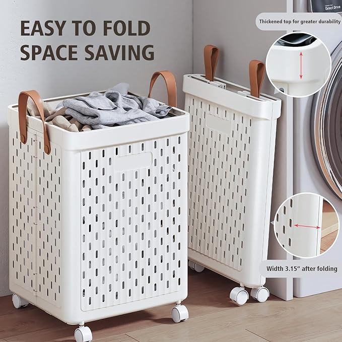 UAK Laundry Basket with Wheels, Collapsible Plastic Laundry Hamper with Handle, Foldable Laundry Basket Organizer for Laundry and Bathroom (‌Pure white, XXL)
