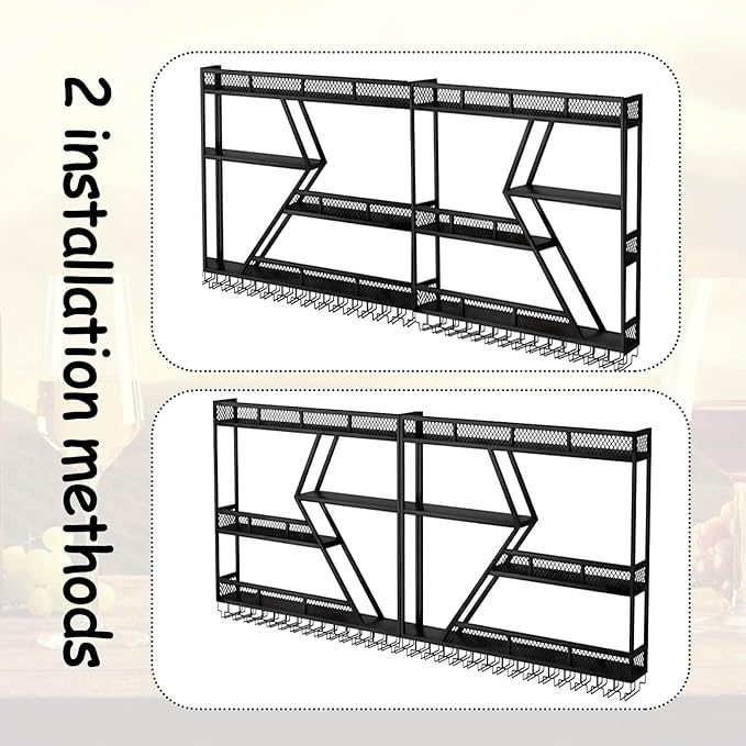 79in Large Wall Mounted Wine Rack 4 Tier Metal Wine Bottle Holder Modern Diamond Design Floating Bar Liquor Bottles Storage Rack for Home Restaurant Bar Decorative (Black, 4 Tier - 79in)