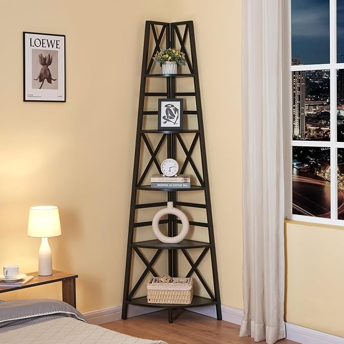 HOMBAZAAR 5 Tier Corner Shelf, 72 Inch Industrial Corner Bookshelf, Tall Ladder Bookcase with Metal Frame, Rustic Shelf Stand for Living Room, Bedroom, Office, Black