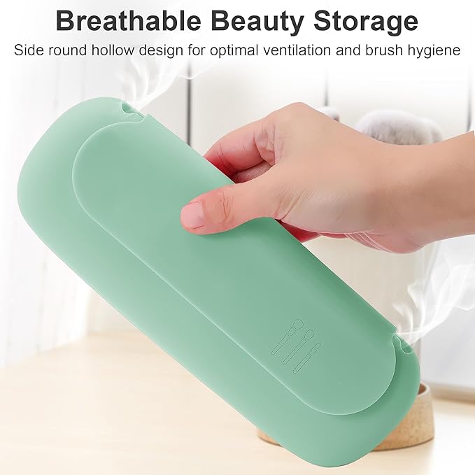 Silicone Travel Makeup Brush Holder for Women with Magnetic Closure and Built-in Brush Cleaner, Washable Cosmetic Organizer, Gift-Ready Pouch, Mint
