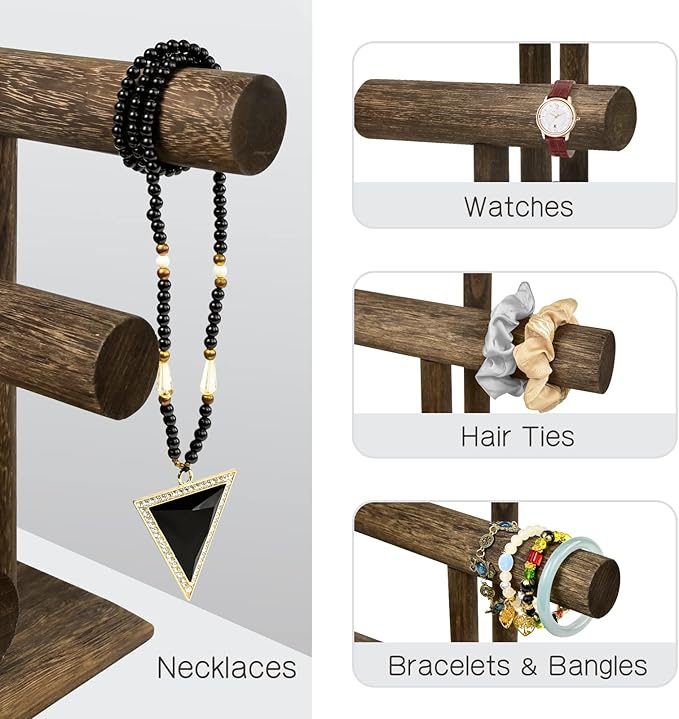 LadyRosian Wooden Bangle Display Holder Stand,3-Tier Wooden Rotating Jewelry Display Stand (Brown-3 layers)