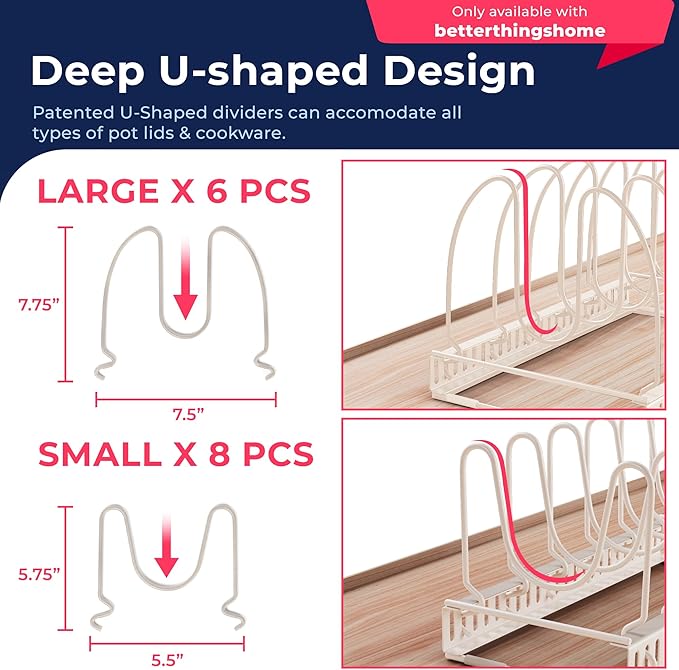 Better Things Home 14+ Dual Pan and Pot Lid Organizer Rack Set for Cabinet - Includes 1 Large Rack & 1 Compact Rack for Bakeware, Lids & Pans (White Sand, PAN + LID SET)