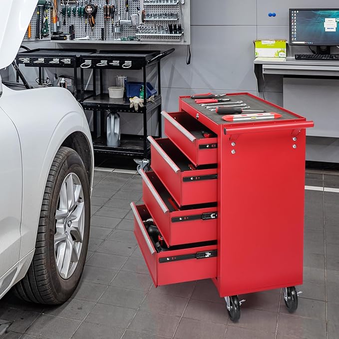 Metal Rolling Tool Box Organizer | Lockable Tool Chest with Wheels | Toolbox with 4 Sliding Drawers | Tool Storage Box Organizer for Garage Home Workshop & Tool Room | Red