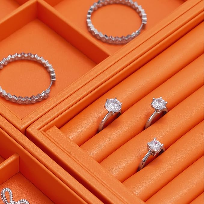 Oirlv Luxury Orange Leather Jewelry Tray Stackable Flat Jewelry Drawer Organizer Earrings Rings Bracelets Storage