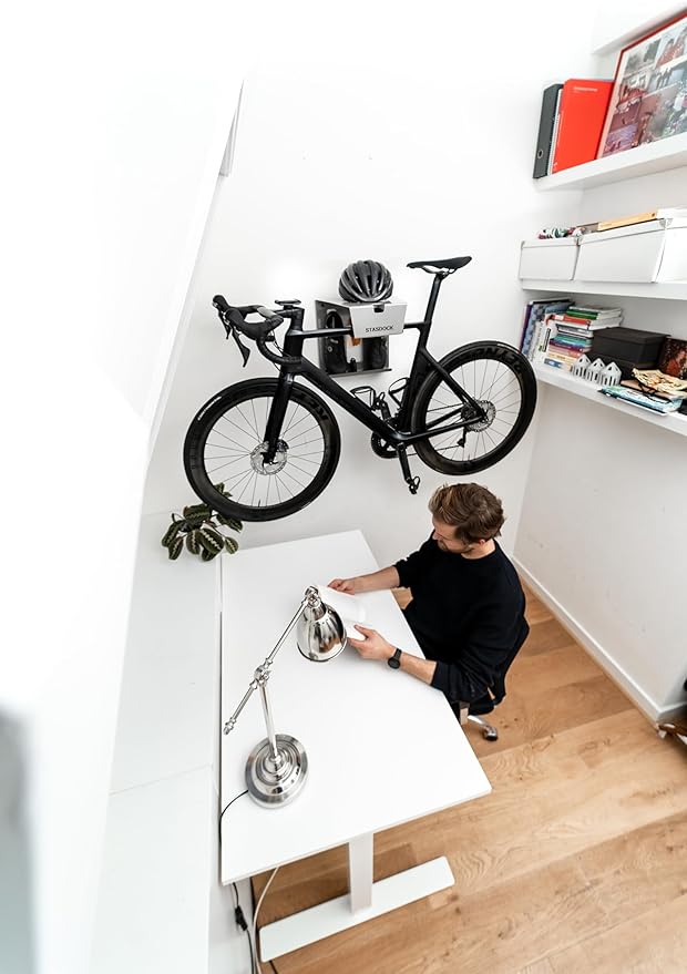 Stasdock Wall Bike Rack | Bike Storage Wall Mount System | For Race Bicycles (Silver Metallic) and Mountain Bikes | Bike Shelf | Indoor bike wall bracket | Stores helmet and shoes | Home and Garage