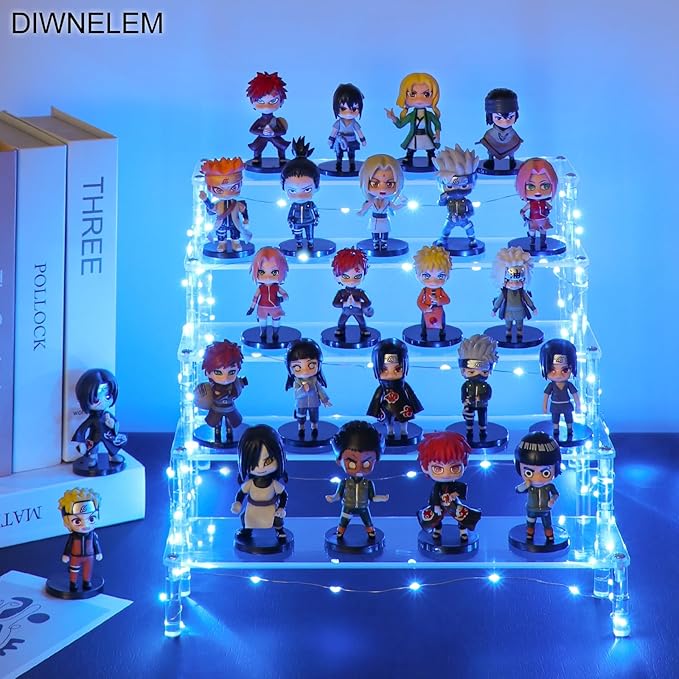 DIWNELEM 5 Tier Acrylic Risers with Blue LED Light - Acrylic Display Stands for Countertop Organizer, Collections and Cosmetics
