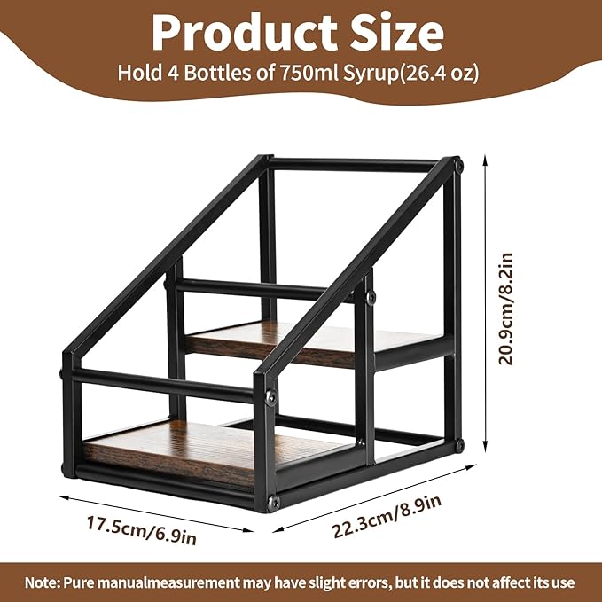 Coffee Syrup Rack Organizer,Liquor Bottle Display Shelf,2-Tier 4 Bottle Stand for Coffee Bar, Kitchen Station, Liquor, Wine, Dressing,Rustic Brown