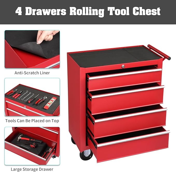Metal Rolling Tool Box Organizer | Lockable Tool Chest with Wheels | Toolbox with 4 Sliding Drawers | Tool Storage Box Organizer for Garage Home Workshop & Tool Room | Red