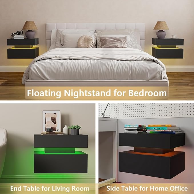 Floating Nightstand Set of 2,Modern Bedside Tables with LED Light for Bedroom,Small Night Stands with Drawers, Wall Mounted End SideTables Set for Living Room