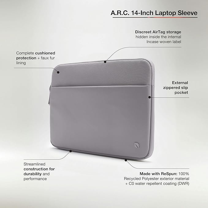 Incase A.R.C. Laptop Sleeve 14 Inch – MacBook Case with Faux Fur Lining, External Pocket – Fits MacBook Pro Air Lenovo Dell HP – Laptop Cover, Computer Case - Travel, Work, College - Grey