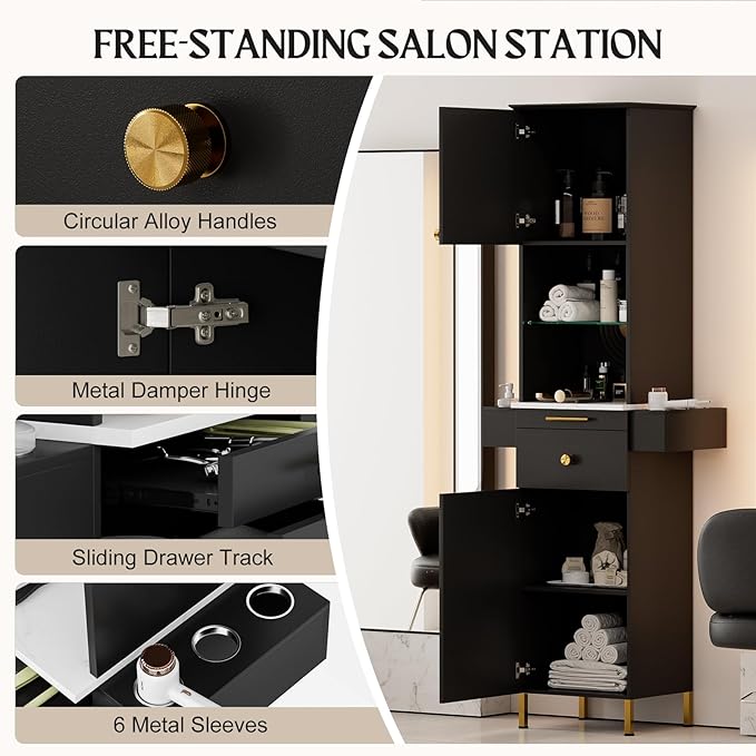 Salon Stations for Hair Stylist, Barber Station w/Glass Shelf & Golden Handles, Hair Salon Station Beauty Salon Spa Equipment w/6 Hair Dryer Holders, 2 Storage Cabinet & Drawers(Black)