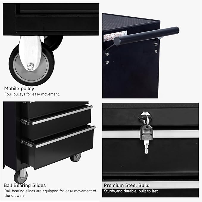 5-Drawer Rolling Tool Chest with Lock & Key, Tool Storage Cabinet with Wheels,35"x 24.2"x 13.2" Tool Organizer Box for Garage, Warehouse & Repair Shop