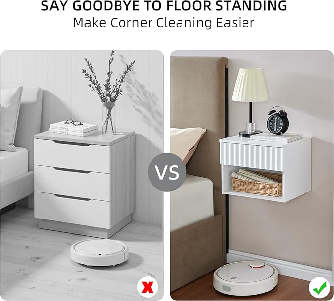 Floating Nightstand with Fluted Drawer - Modern Wall Mounted Bedside Table with Open Storage Shelf, Small Night Stand TV Stand for Bedroom(Matte White)