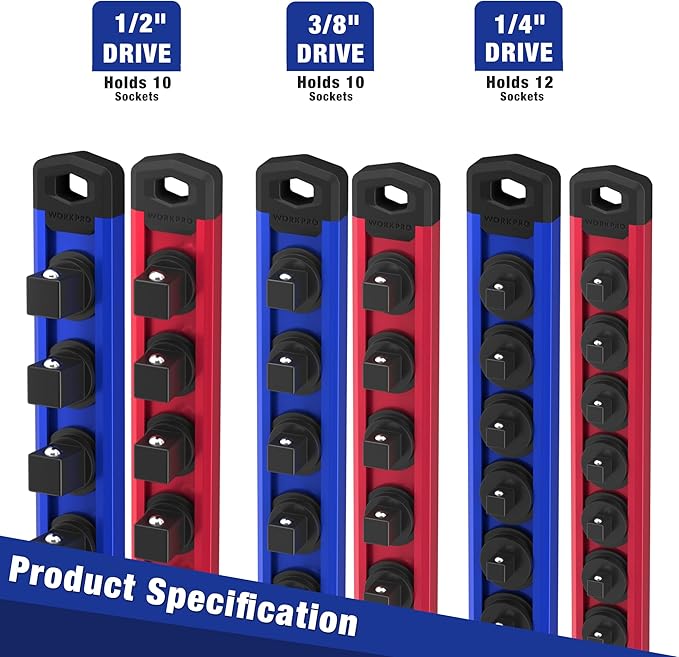 WORKPRO Magnetic Socket Organizer - 6-Piece Aluminum Alloy Socket Rail, Heavy Duty Socket Holder - Set: 1/4-Inch x 12 Clips, 3/8-Inch x 10 Clips, 1/2-Inch x 10 Clips