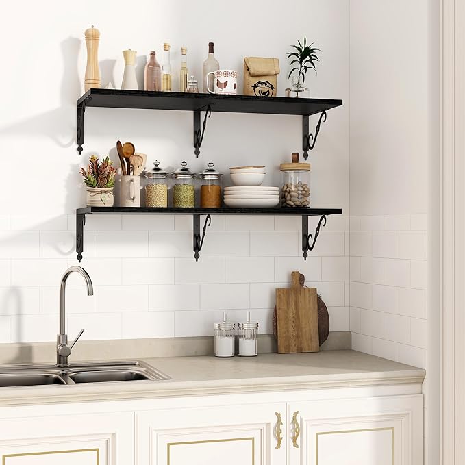 36 Inches Floating Shelves, Rustic Long Wall Shelves, 12 Inch Deep Book Shelf Wall Mounted with Bracket, Wide Display & Storage Shelves for Living Room, Bathroom, Bedroom, Black, Set of 2