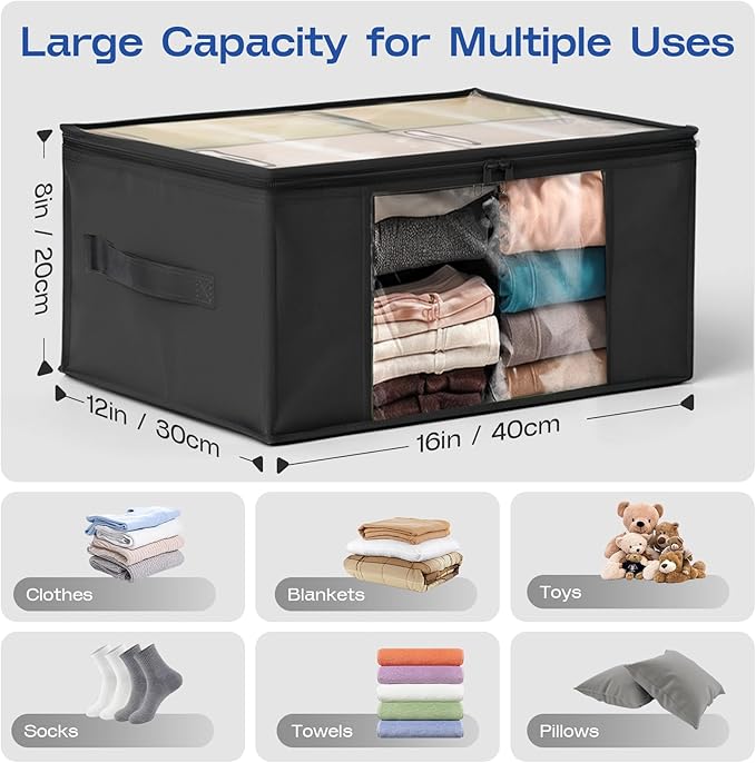 Hopack Clothes Storage Bags, Foldable Thick Fabric Blanket Storage Bags, Large Clear Window & Carry Handles, Great for Clothes, Blankets, Closets, Pillows, Toys (Black, 6PACK)