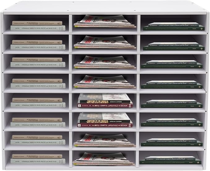24 Compartments Literature Organizer, Desktop File Sorter Mail Center Paper Storage Cabinet Classroom Mailbox for Files Documents Papers Magazines (White 24Slots)