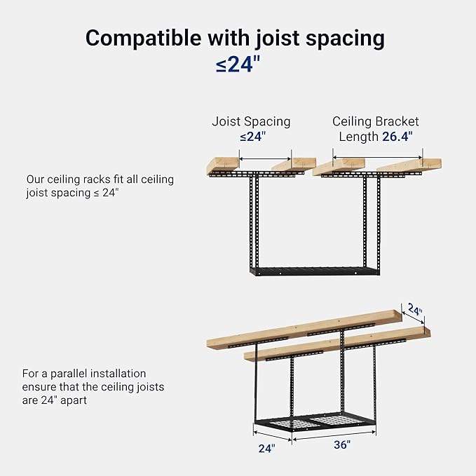 FLEXIMOUNTS 2x3FT Garage Storage Rack Overhead, Adjustable Ceiling Storage Racks, Metal Garage Organization System with 155LBS Weight Capacity, Black, Classic Series