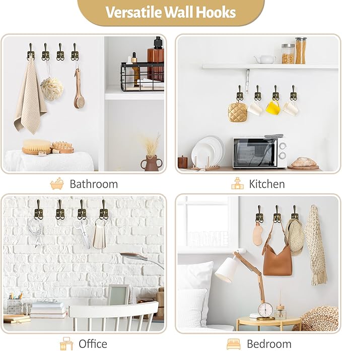 VIS'V 3 Prong Coat Hooks Wall Mount, Metal Self Adhesive Entryway Wall Hooks, 2 Mount Options, Bronze, 4 Pcs