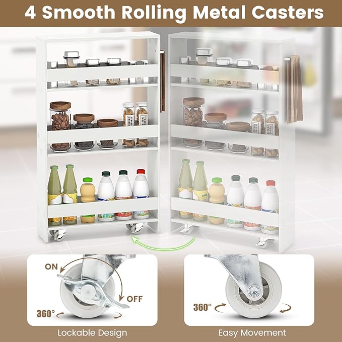 MAT EXPERT Slim Rolling Storage Cart, 4-Tier Freestanding Slim Storage Cart with Wheels 360 Degree & Metal Handle, Wooden Utility Cart for Narrow Kitchen, Laundry Room, Bathroom (Plain White)