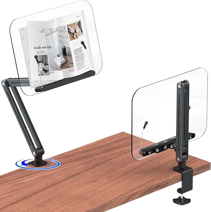 Desk Clamp Acrylic Book Stand for Reading, Ergonomic Design Adjustable Height up to 20 inches with Rotating Bases Cookbook Stand, Suitable for Recipe, Sheet Music, Tablet(Gray)