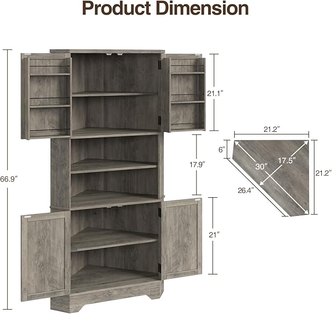 Corner Cabinet, 67''H Kitchen Pantry Storage Cabinet, 6-Tier Corner Food Pantry Hutch with 4 Barn Doors and Shelves, Tall Farmhouse Furniture for Kitchen Dining Living Room, Grey