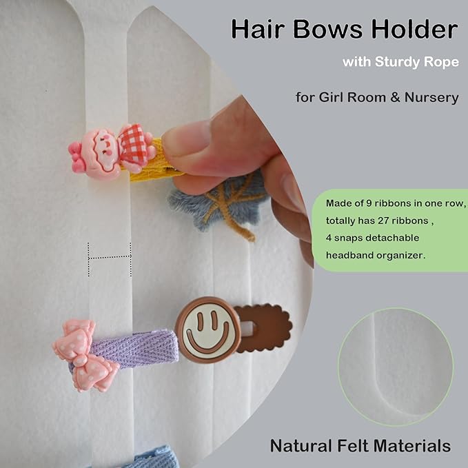 Hair Bows Holder & Organizer for Girls, Wall Hanging Baby Hair Accessory Storage Display with Sturdy Rope for Girl Room & Nursery