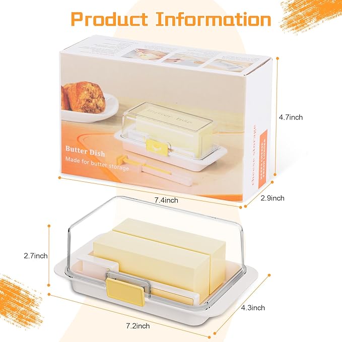 White Airtight Butter Dish with Lid for Countertop, Stylish Container with Cutter Knife, Large Capacity Stick Holder for East/West Coast Butter, Keeper&Tray Fit Refrigerator or Camping Use