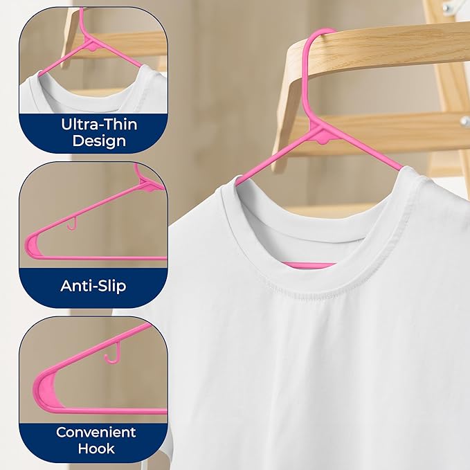 SereneLife Premium 10 Pack Plastic Hangers, Lightweight, Durable, Space Saving Clothes Organizers, Suitable for Shirts, Sweaters, Hoodies, Dresses, Kids Clothes, Good for Home Organization (Pink)