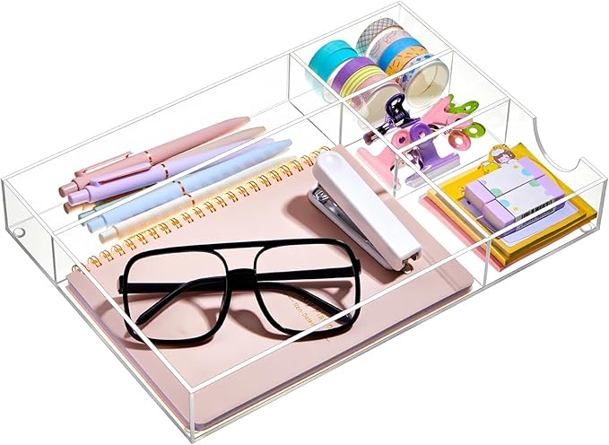 Acrylic Desk Drawer Organizer 12.2 x 8.27 x 1.77 Inch Storage Tray Organizer for Pens, Stationery, Desktop, Office, Bathroom, Kitchen, Makeup Supplies(5 Compartments, Clear)