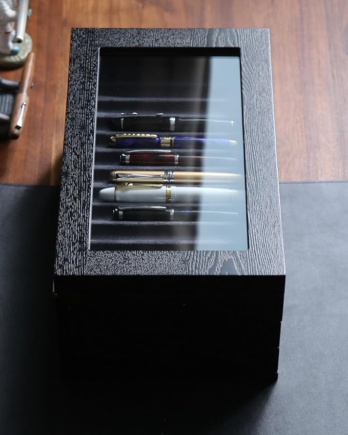 wood pen display case 36 slot Fountain pen Box storage Organizer with drawer, Top Glass Window Pen Collection Display Case