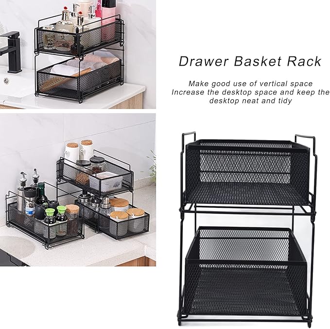 Cupboard Organiser, 2 Tier Under Sink Storage Organiser, Kitchen Storage Drawer Basket Rack Multilayer Kitchen Shelf Sliding Under Sink Drawer