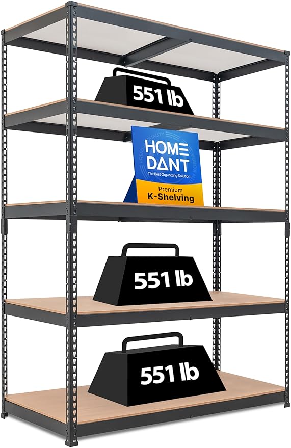 HOMEDANT 5 Tier Storage Shelves Adjustable Laminated Boltless Garage Metal Shelving Unit Heavy Duty Utility Rack Shelf Warehouse Pantry Closet Kitchen (1, (XL Deep) 48.1" W, Black)