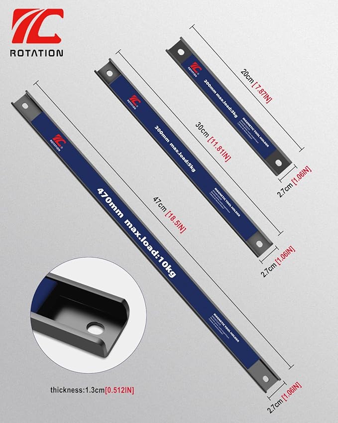 ROTATION Magnetic Tool Holder Set, 18.5”/11.8”/7.8”, 3-Piece Multi-Size Workshop Garage Kitchen Organizer, Heavy Duty Magnet Strips with Mounting Hardware